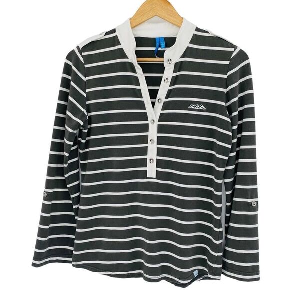 GG Blue gray green striped henley style top with button tab sleeves size small - Picture 1 of 7